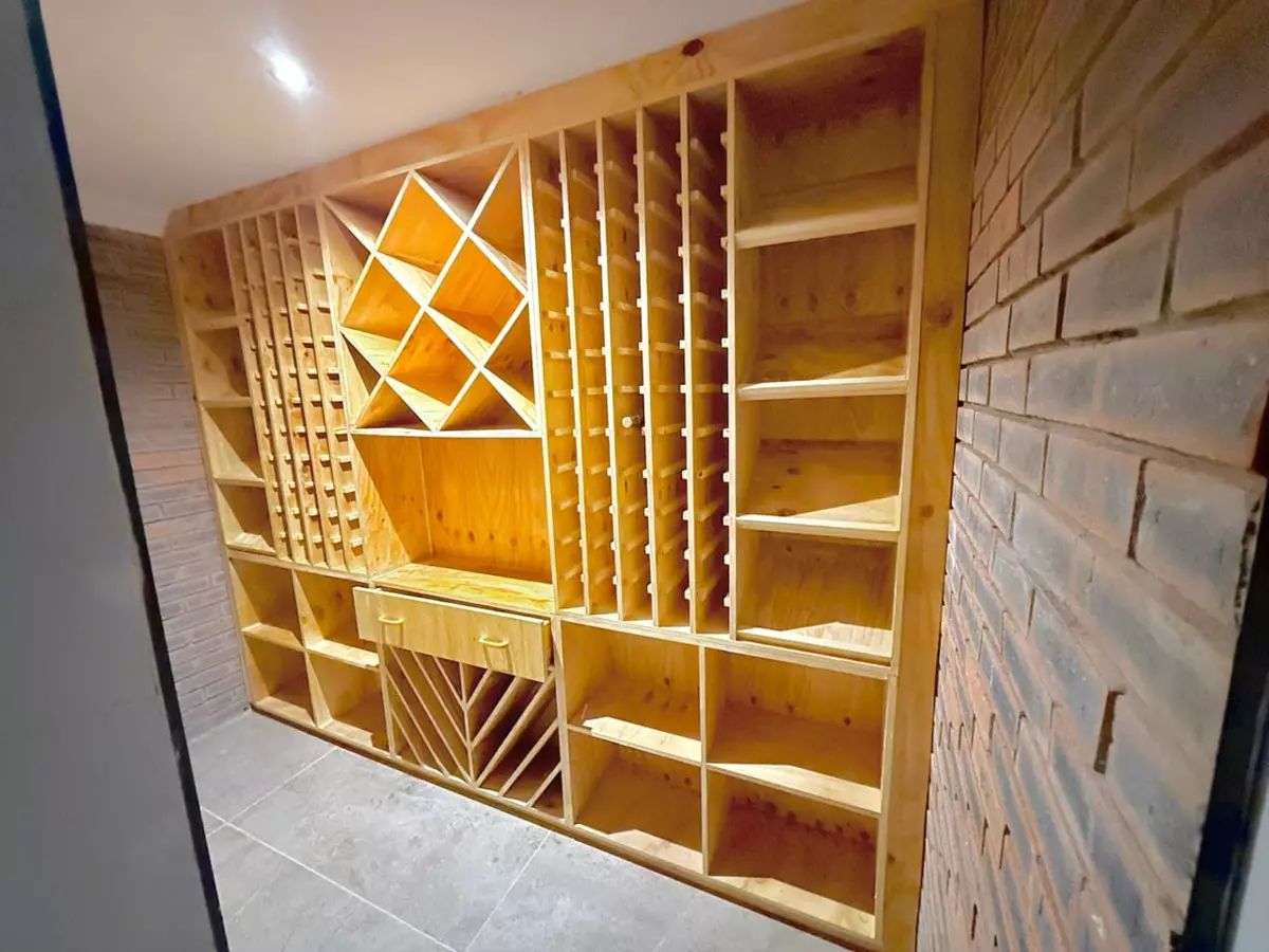 Custom wooden wine rack and shelving unit